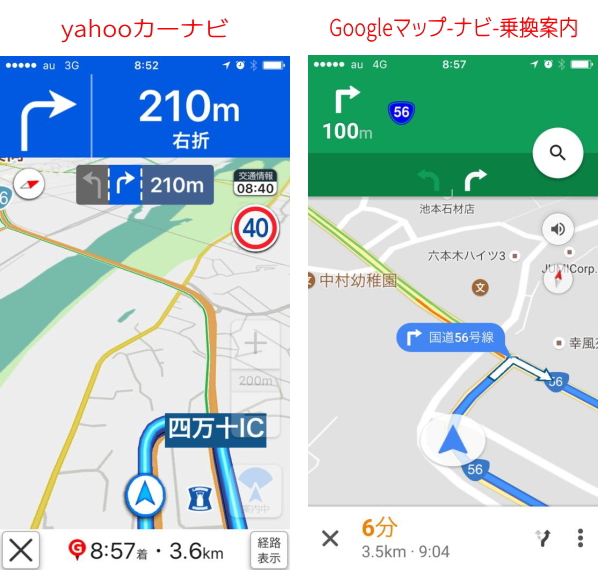 YahooナビとGoogleナビの比較